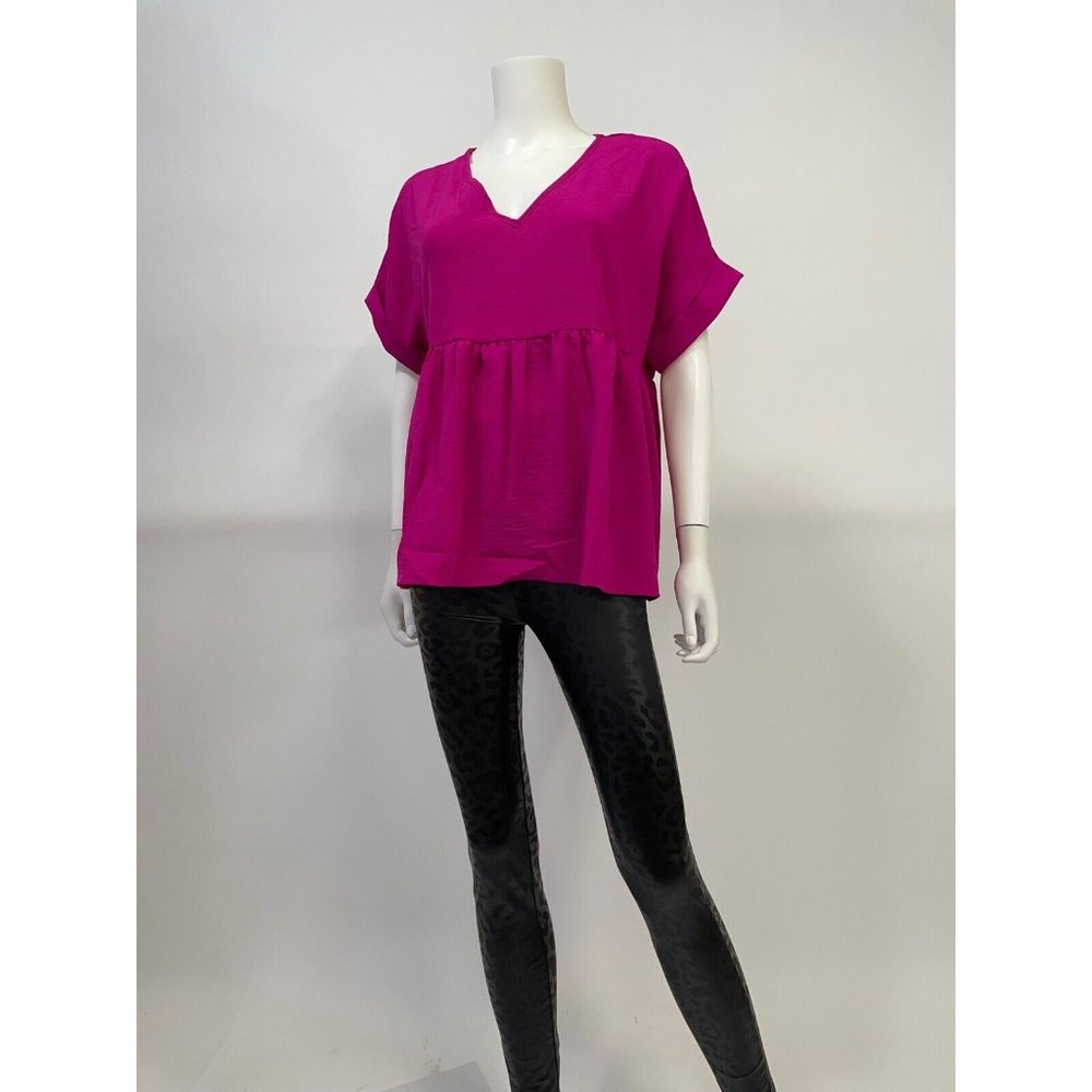 Entro Magenta short Sleeve v-neck babydoll Tunic Top